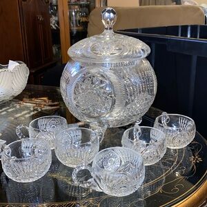 Vintage Waterford punch bowl with lid and 6 glasses